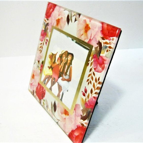 Pink Floral Glass Photo Frame Picture Holder for 4x4 photo - Picture 2 of 4